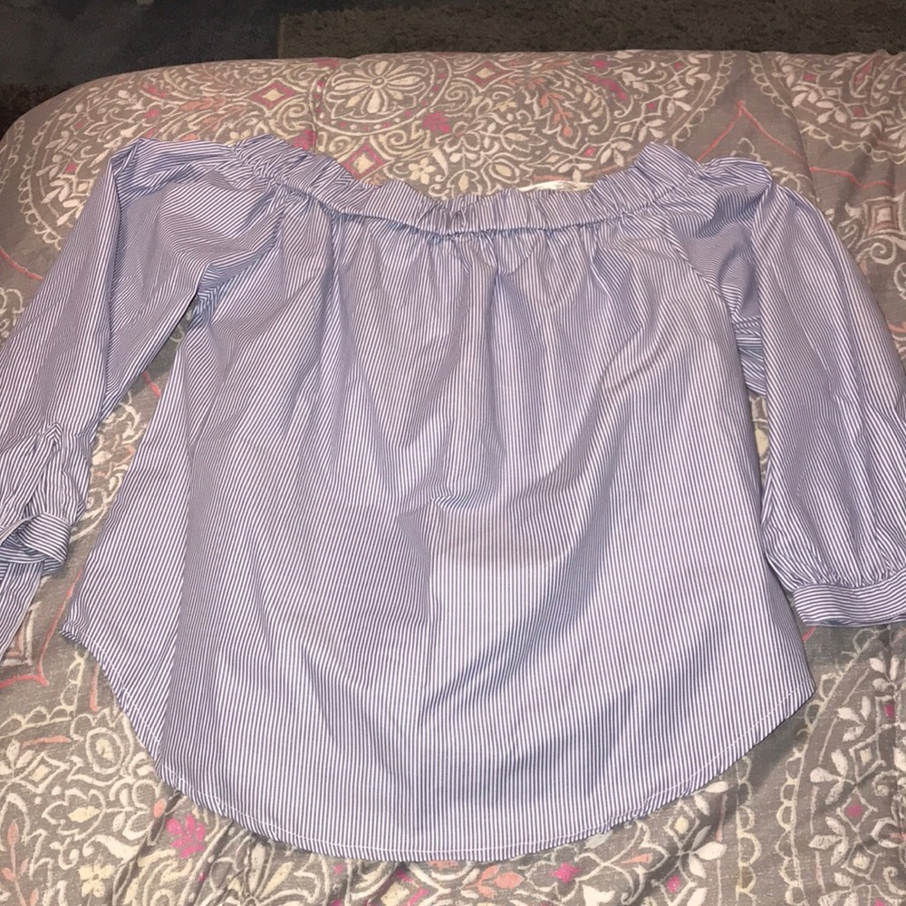 Blue and white striped off the shoulder